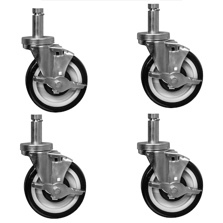Bk Resources 5-inch Pop-In Stem Casters, NSF, Polyurethane Wheels, 2 Brake, 300lb Cap, Acid Resistant, 4PK 5SBR-1ST-PLY-PS4